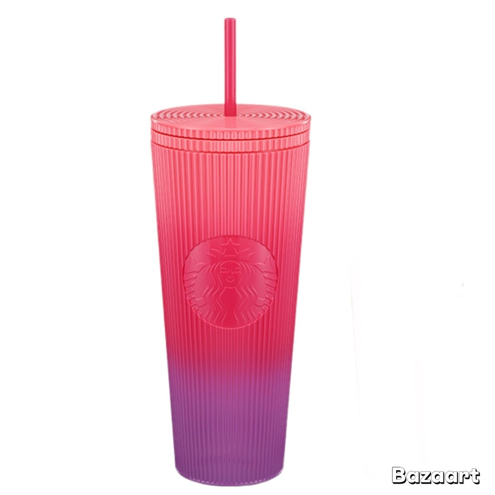 New Starbucks Sunset Pleated Cold Cup Tumbler with Straw &‎ lid 24oz pink purple